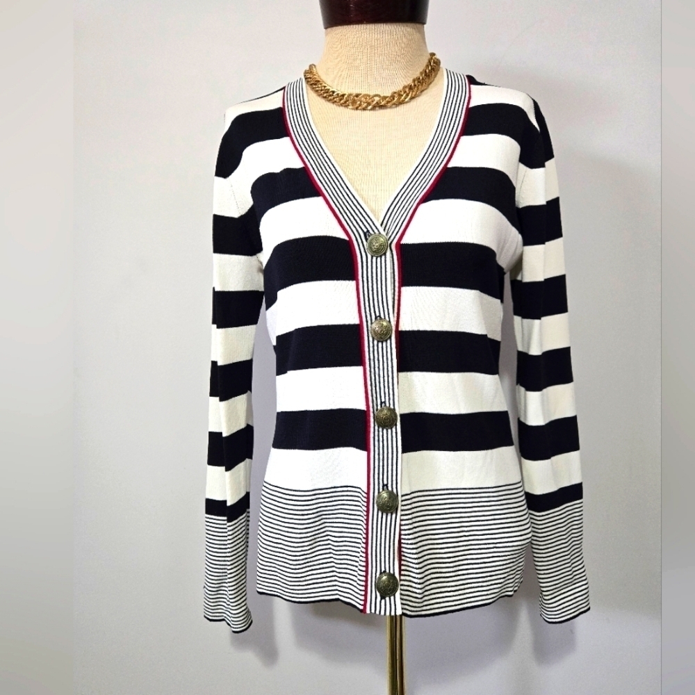 Zendra Nautical Navy and White V Neck Butoned Cardigan Sweater. Size 42/ Medium